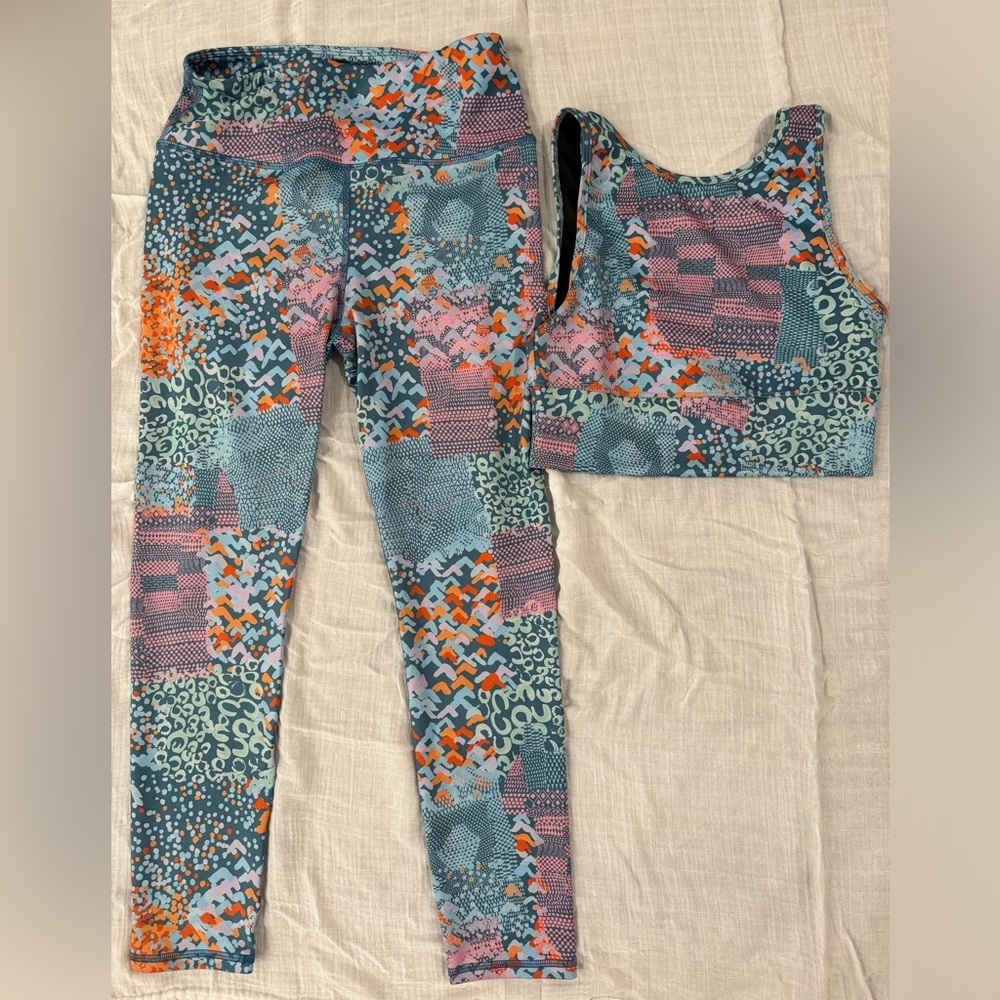 Anthropologie Daily Practice boho blue & orange print workout set size M/l NWOT